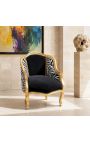 Bergere sillón Louis XV Estilo de terciopelo negro y tela de cebra madera de oro. - 6