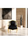 Poltrona Bergere Louis XV Style Black Velvet e zebra in tessuto in legno in oro - 4