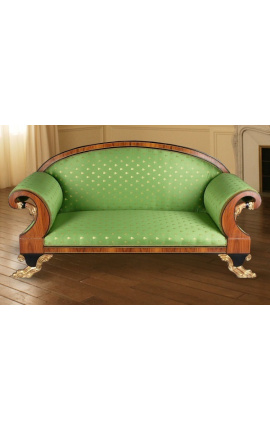 Grand sofa French Empire style green satin fabric and elm wood