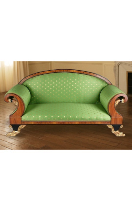 Großes Sofa im französischen Empire-Stil, grüner Satinstoff und Ulmenholz