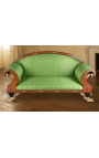 Duża sofa w stylu francuskiego empiru zielona satynowa tkanina i drewno wiązu