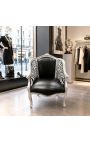 Baroque bergere armchair Louis XV black leatherette & zebra fabric silver wood - 9