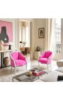 Bergere sillón Louis XV Estilo de terciopelo rosa y madera plateada. - 8