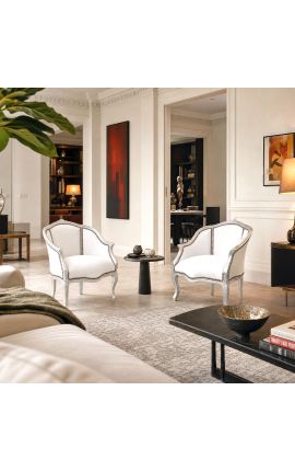 Poltrona Bergere Louis XV Stile in similpelle bianco e legno d'argento - 2