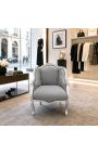 Bergere armchair Louis XV style grey velvet and silver wood - 4
