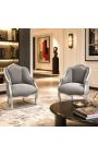 Poltrona Bergere Louis XV stile velluto grigio e legno argentato - 7