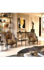 Bergere-tuoli Louis XV tyyli, jossa on leopardi kankaalla ja kiiltävä musta puu - 9