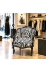 Bergere-stol Louis XV stil med zebra stoff og glossy svart tre - 7