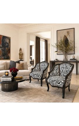 Bergere-tuoli Louis XV tyyli, jossa on zebra- kankaalla ja hieno musta puu - 2