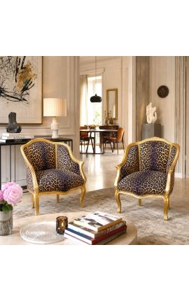 Bergere-tuoli Louis XV leopardityylinen kangas ja kultainen puu - 2