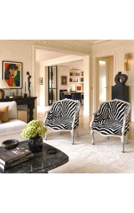 Sillón de Bergere Louis XV tela de cebra de estilo y madera plateada - 2
