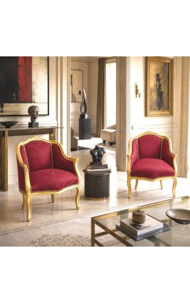 Bergere atzveltnes krēsls Louis XV Stils Red Satine audums un zelta koksne - 2