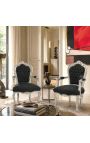 Sillón de rococo barroco estilo de terciopelo negro y madera plateada - 12