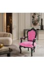 Barokowy styl Rococo Fotel Różowy aksamitny i błyszczący czarny drewno - 12