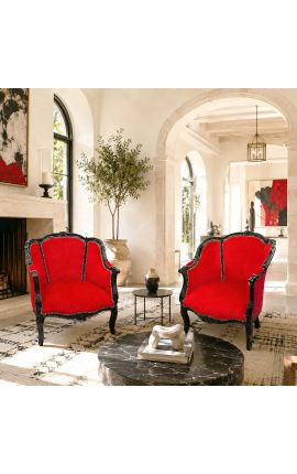 Larga bergère poltrona Louis XV Stile velluto rosso e legno nero - 2