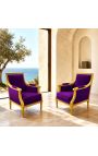 Grandi Bergère poltrona Louis XVI stile velluto viola e legno dorato - 9