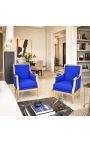Silla grande Bergère Louis XVI estilo terciopelo azul y madera dorada - 10