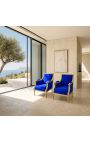 Silla grande Bergère Louis XVI estilo terciopelo azul y madera dorada - 5