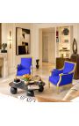Grandi Bergère poltrona Louis XVI stile blu velluto e legno dorato - 3