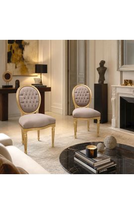 Chaise de style Louis XVI tissu velours taupe et bois doré - 2