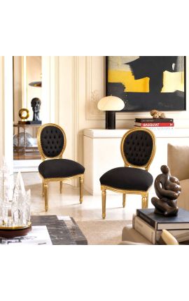 Chaise de style Louis XVI velours noir et bois doré - 2