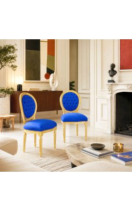 Louis XVI sedia di stile blu velluto e legno oro - 2