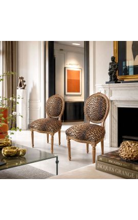 Louis XVI štýl stoličky z leopardovej tkaniny a surového dreva - 2