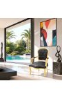 Butaca d'estil barroc Lluís XV en teixit setinat negre i fusta daurada - 4