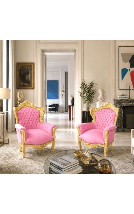 Grand fauteuil de style Baroque tissu velours rose et bois doré - 2