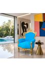Gran sillón de estilo barroco con tela de terciopelo turquesa y madera dorada - 10