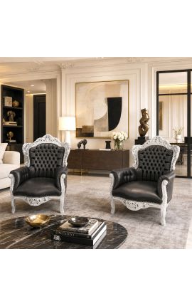 Grande poltrona in stile barocco in pelle nera e legno argento - 2
