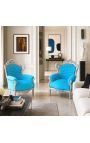 Suur barokkstiilis tugitool türkiissinine sametkangas ja hõbedane puit - 2