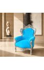 Gran sillón de estilo barroco en terciopelo turquesa y madera plata - 7