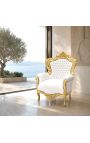 Gran sillón de estilo barroco en polipiel blanca y madera dorada - 11