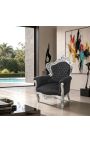 Grande poltrona in stile barocco di velluto nero e legno argento - 5
