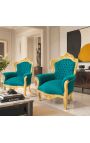 Gran sillón estilo barroco tela terciopelo verde y madera de oro - 3