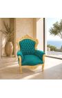 Gran sillón estilo barroco tela terciopelo verde y madera de oro - 5
