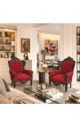 Μεγάλη μπαρόκ βελούδινη πολυθρόνα μπορντό και μαύρο λακαρισμένο ξύλο - 2