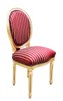 Sedia in stile Luigi XVI con pompon con tessuto in raso bordeaux e legno dorato