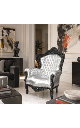 Velké křeslo v barokním stylu koženka stříbrné a černé dřevo - 2