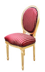 Cadeira estilo Luís XVI com pompom em tecido acetinado Bordeaux e madeira dourada