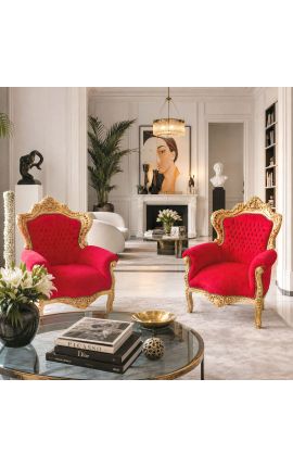 Grote fauteuil in barokstijl stof rood fluweel en goud hout - 2