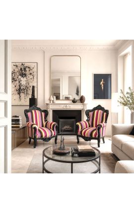 Big baroque style armchair multicolor striped and black wood - 2