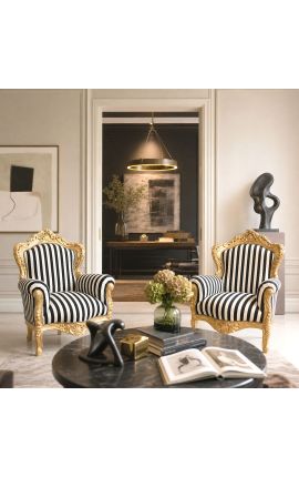 Big Baroque Style Poltrona a strisce in bianco e nero e legno d'oro - 2