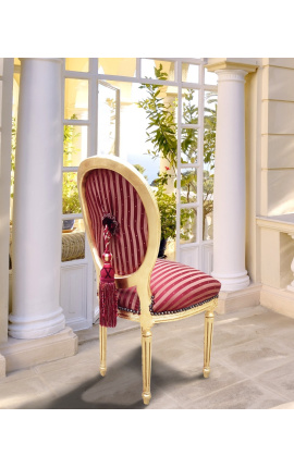 Sedia in stile Luigi XVI con pompon con tessuto in raso bordeaux e legno dorato