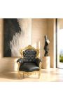 Gran sillón de estilo barroco en polipiel negra y madera dorada - 10