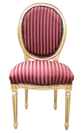Chaise de style Louis XVI à pompon avec tissu satiné Bordeaux et bois doré