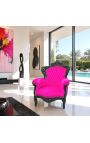 Grande poltrona in stile barocco di velluto rosa fuchsia e legno laccato nero - 8