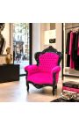 Großer Sessel im Barockstil, fuchsiafarbener Samt und schwarz lackiertes Holz - 3