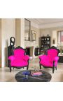 Grande poltrona in stile barocco di velluto rosa fuchsia e legno laccato nero - 6